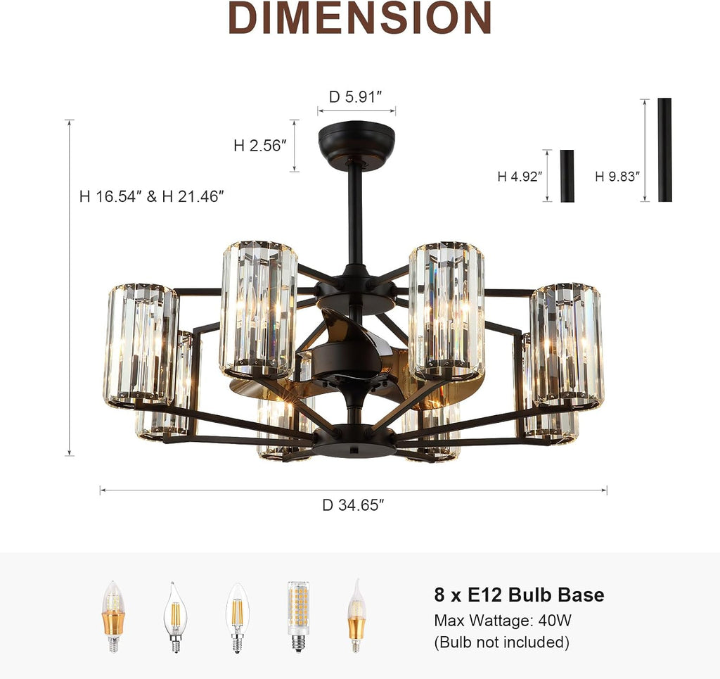 Crystal Chandelier Ceiling Fan Vintage Fandelier Luxury Caged Ceiling Fan with Light and Remote for Dining Room Living Room Bedroom Kitchen Farmhouse Entry, Black, Dia 34 inch, 8 Lights