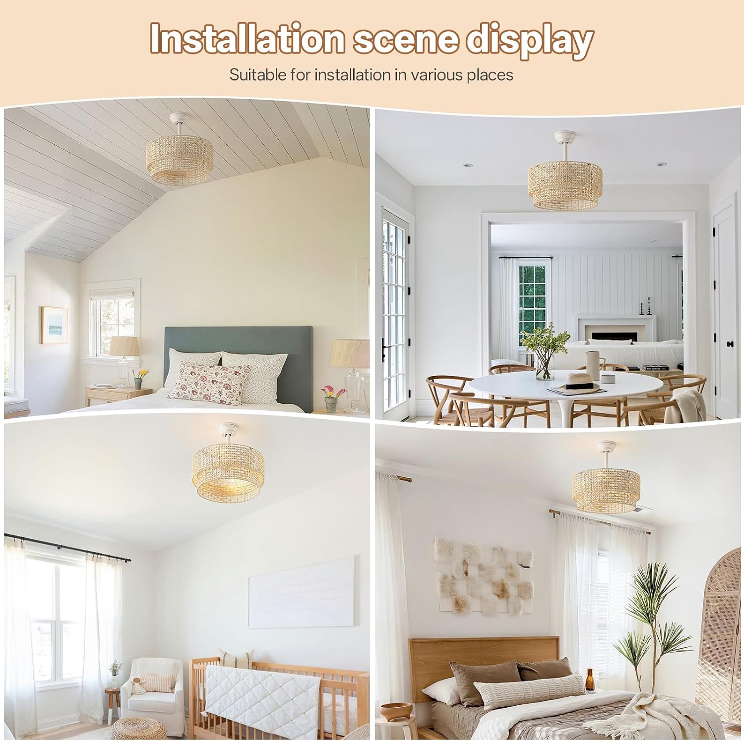 20' Boho Ceiling Fans with Lights, Rattan Fandelier Chandelier Ceiling Fan with Light Remote Control, Caged with 6 Speeds for Bedroom, Nursery