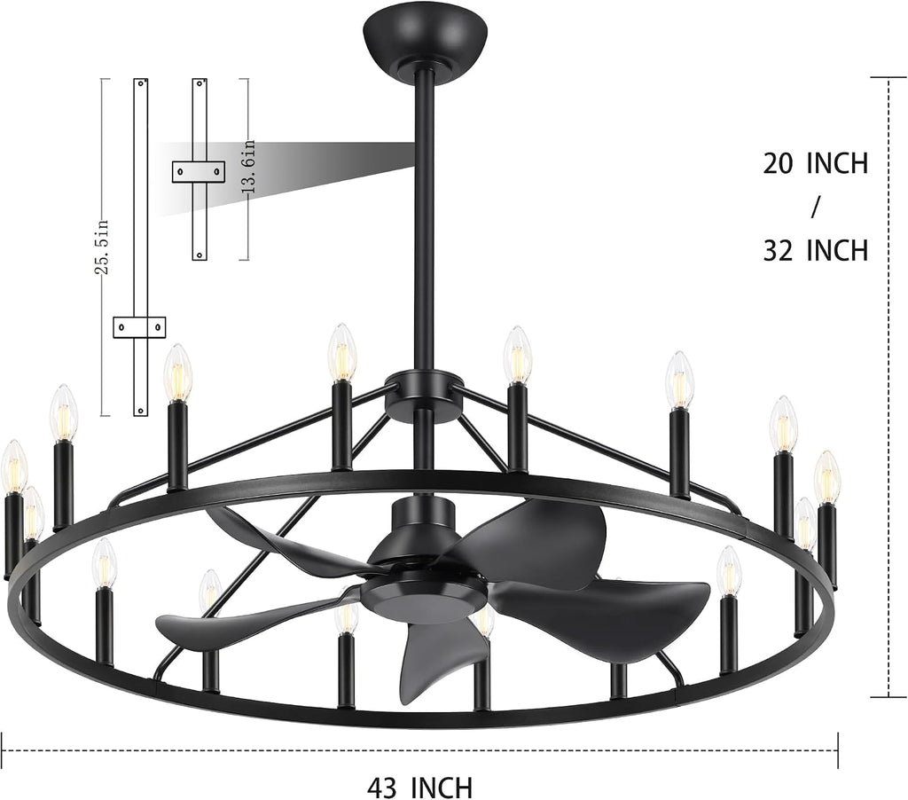 She's home 43' Black Wagon Wheel Chandelier Farmhouse Ceiling Fan with Light and Remote,16-Lights Large Fandelier with Candle,Rustic Big Light Fixture for Living Room