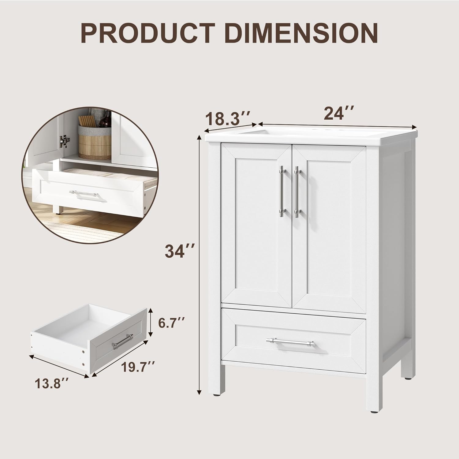 Garvee 24' Bathroom Vanity with Sink, Freestanding Bathroom Sink Cabinet with 2 Soft-Closing Doors & Large Storage Drawer, Wood Vanity Cabinet, Easy Assembly & Cleaning, White