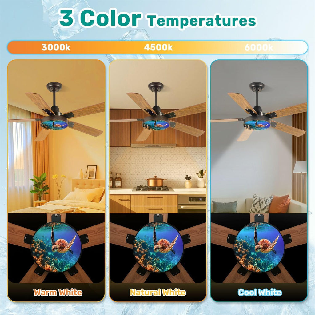Modern Ceiling Fans with Lights Remote, Sea turtle swims under water coral reefs 42 Inch Ceiling Fan for Bedroom Living Room Farmhouse, 6 Speed Reversible Quiet Motor