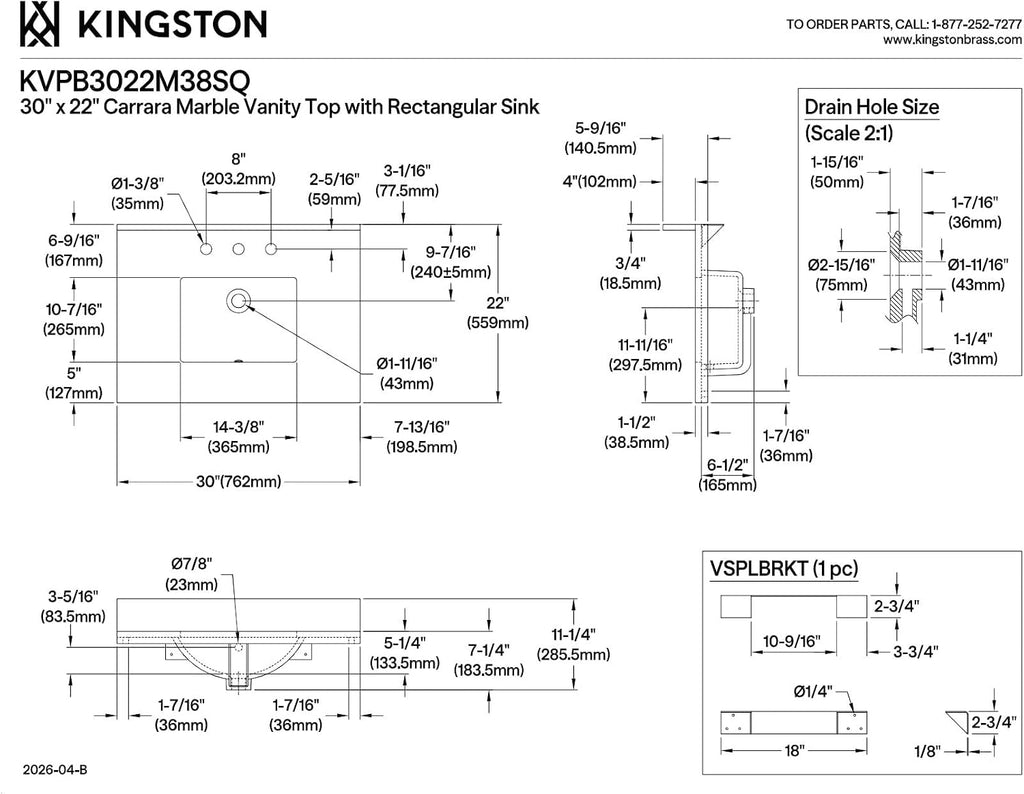 Kingston Brass KVPB3022M38SQ Templeton 30-Inch Carrara Marble Vanity Sink Top (8' Faucet Drillings) in Carrara Marble