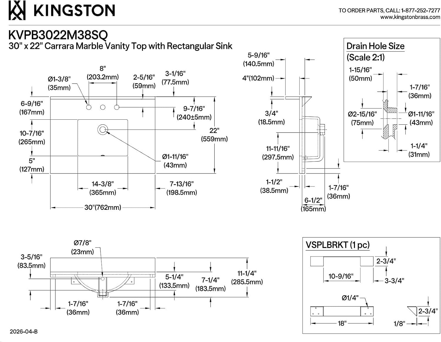 Kingston Brass KVPB3022M38SQ Templeton 30-Inch Carrara Marble Vanity Sink Top (8' Faucet Drillings) in Carrara Marble