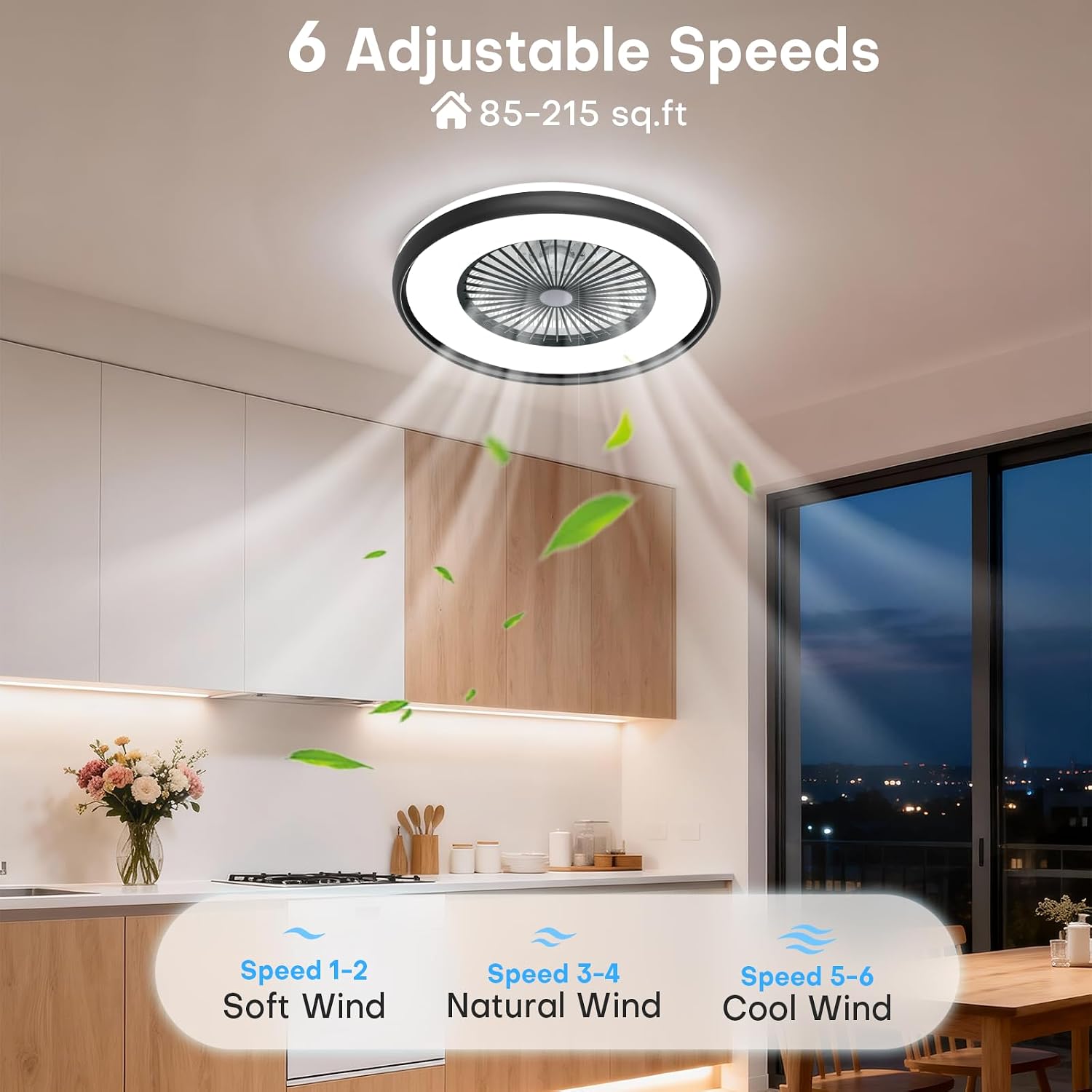 Bladeless Ceiling Fan with Light, 24'' Flush Mount Low Profile Ceiling Fans with Remote & APP Control, 2700-6500K CCT Adjustable, 6 Speeds Dimmable Fan Light for Kids Room, Bedroom, Small Dining Areas