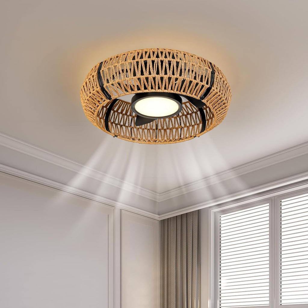ocioc 20' Caged Ceiling Fans with Lights and Remote,Fandelier Ceiling Fan with Light,Flush Mount Low Profile,Bladeless,Quiet Reversible DC Motor,Boho Rattan Ceiling Fan for Bedroom