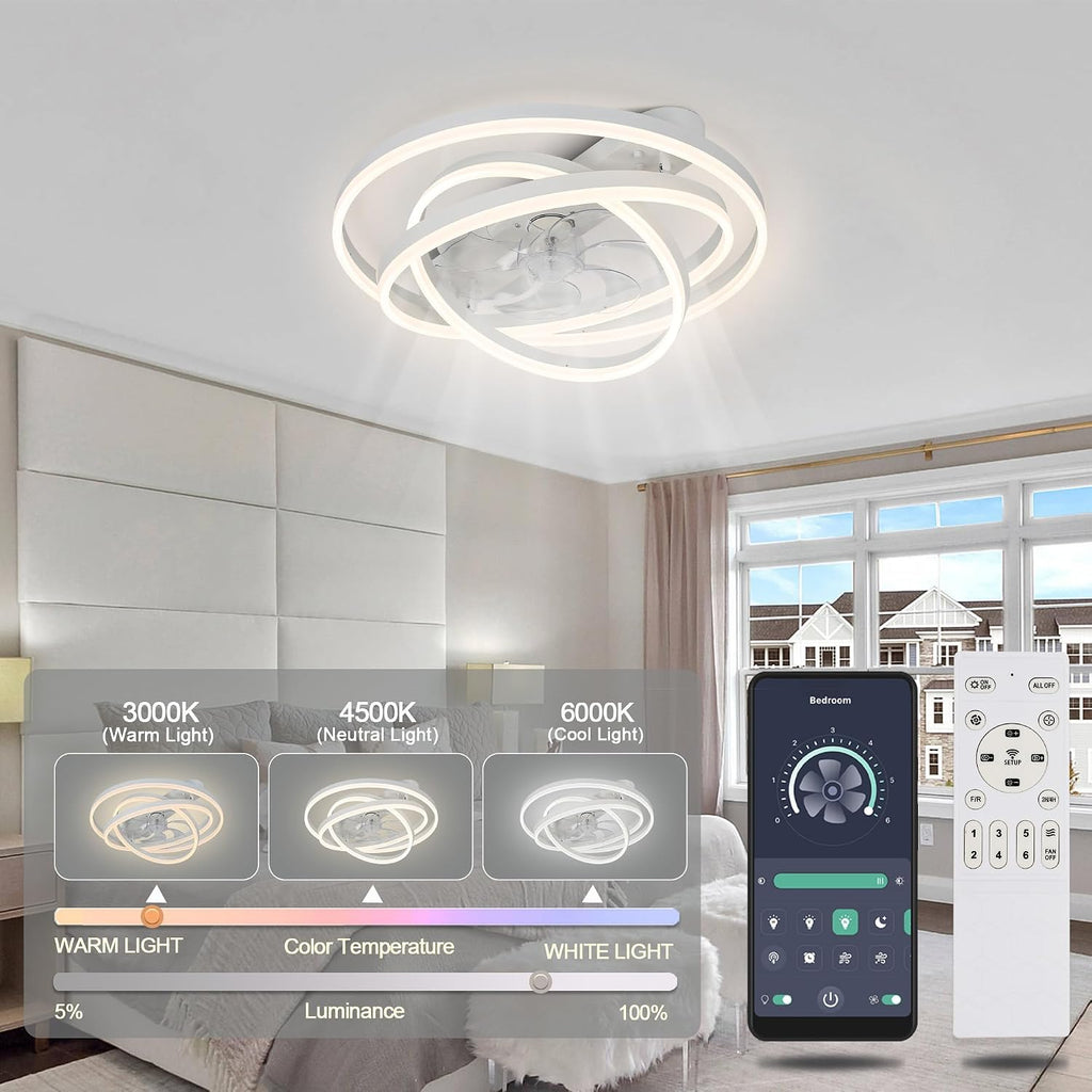 Modern Ceiling Fan with Light, Low Profile Flush Mount Ceiling Fan with Lights 6 Speed Dimmable Ceiling Fans with Lights and Remote