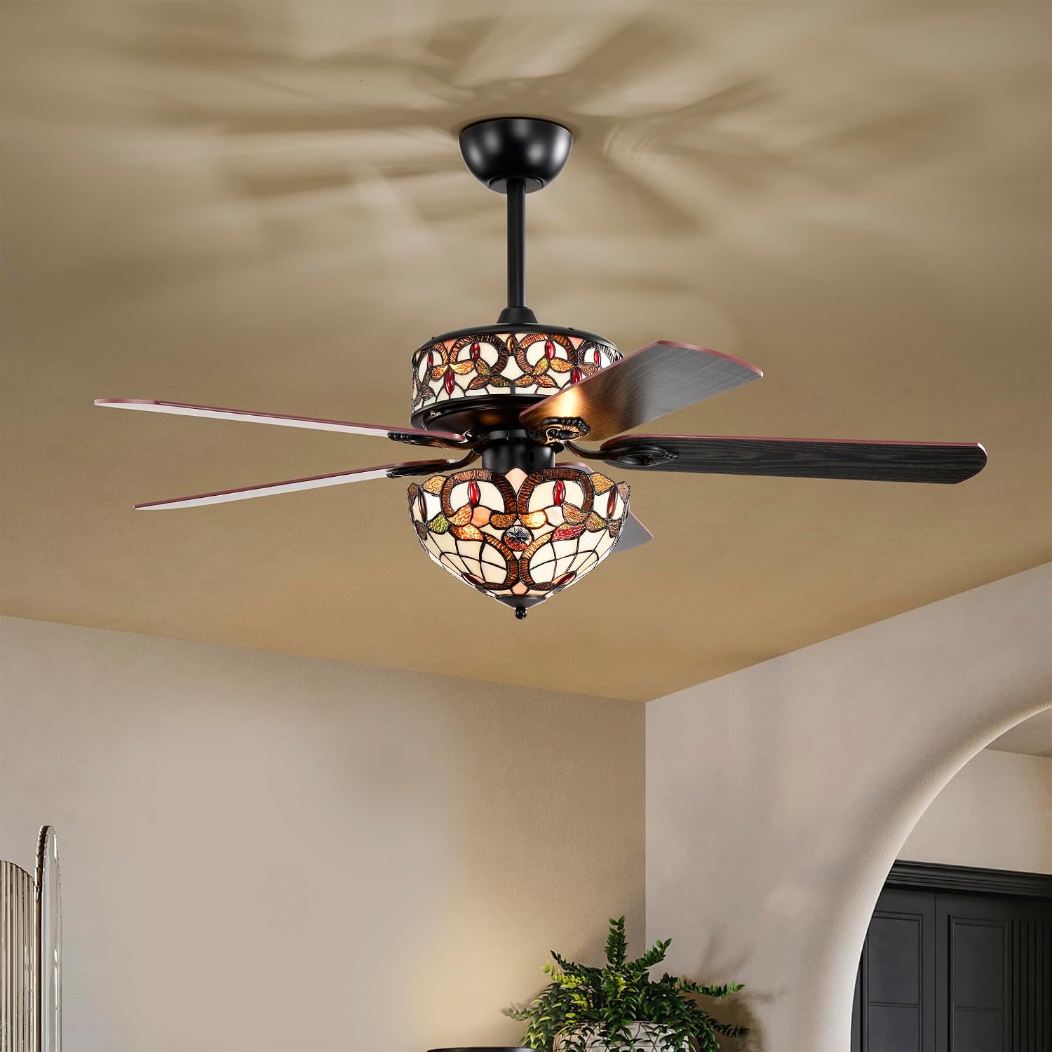Lars Black Tiffany Style Two Tiered Lighted Ceiling Fan White and Copper Shade with Remote Control