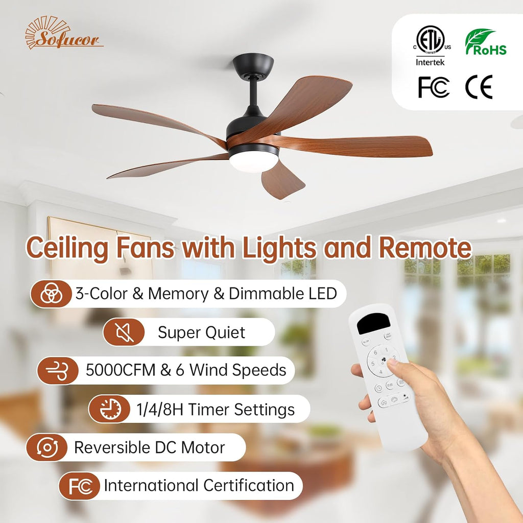 Sofucor 52 Inch Ceiling Fan with Light, Modern Ceiling Fan with Dimmable Memory LED - Quiet DC Motor, 6 Speeds 5000CFM, Timer, Reversible, for Living Room Bedroom, ETL, 5 Plastic+ABS Blades, Brown