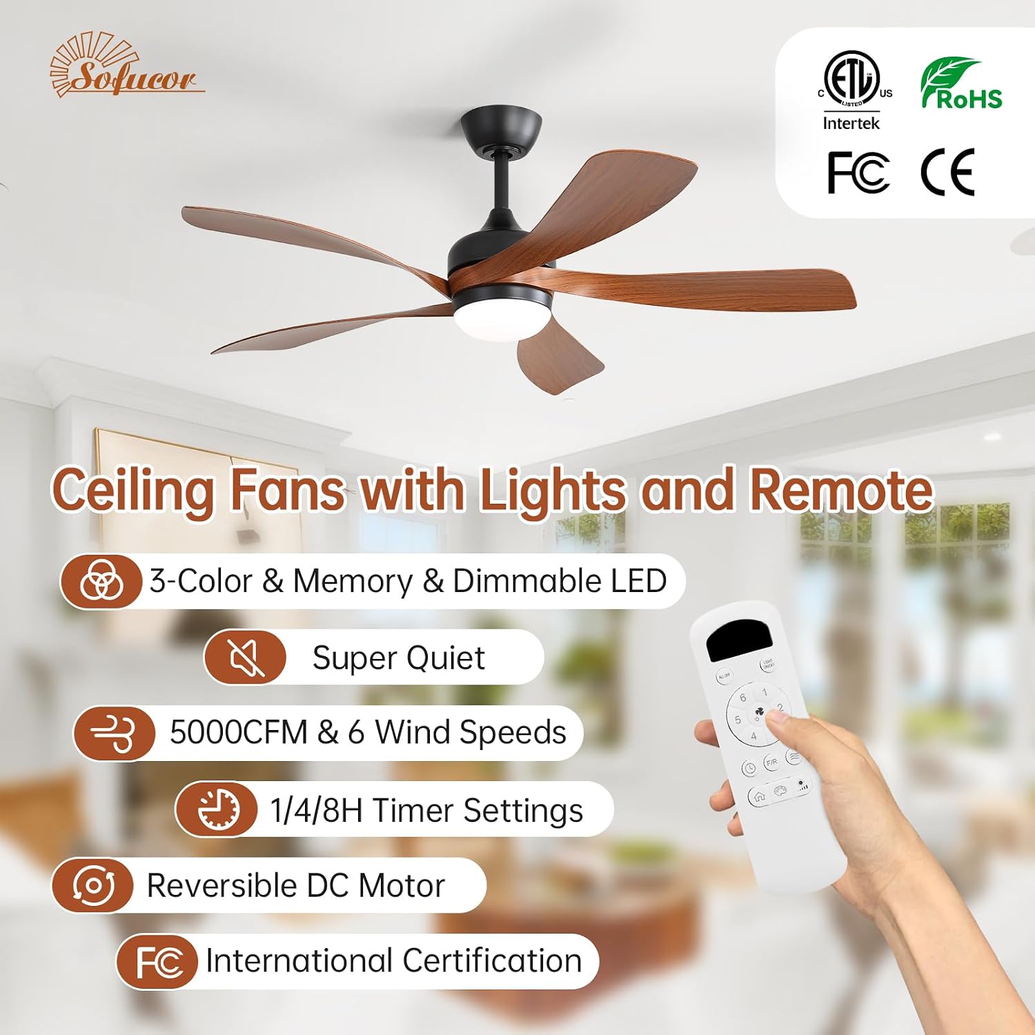 Sofucor 52 Inch Ceiling Fan with Light, Modern Ceiling Fan with Dimmable Memory LED - Quiet DC Motor, 6 Speeds 5000CFM, Timer, Reversible, for Living Room Bedroom, ETL, 5 Plastic+ABS Blades, Brown