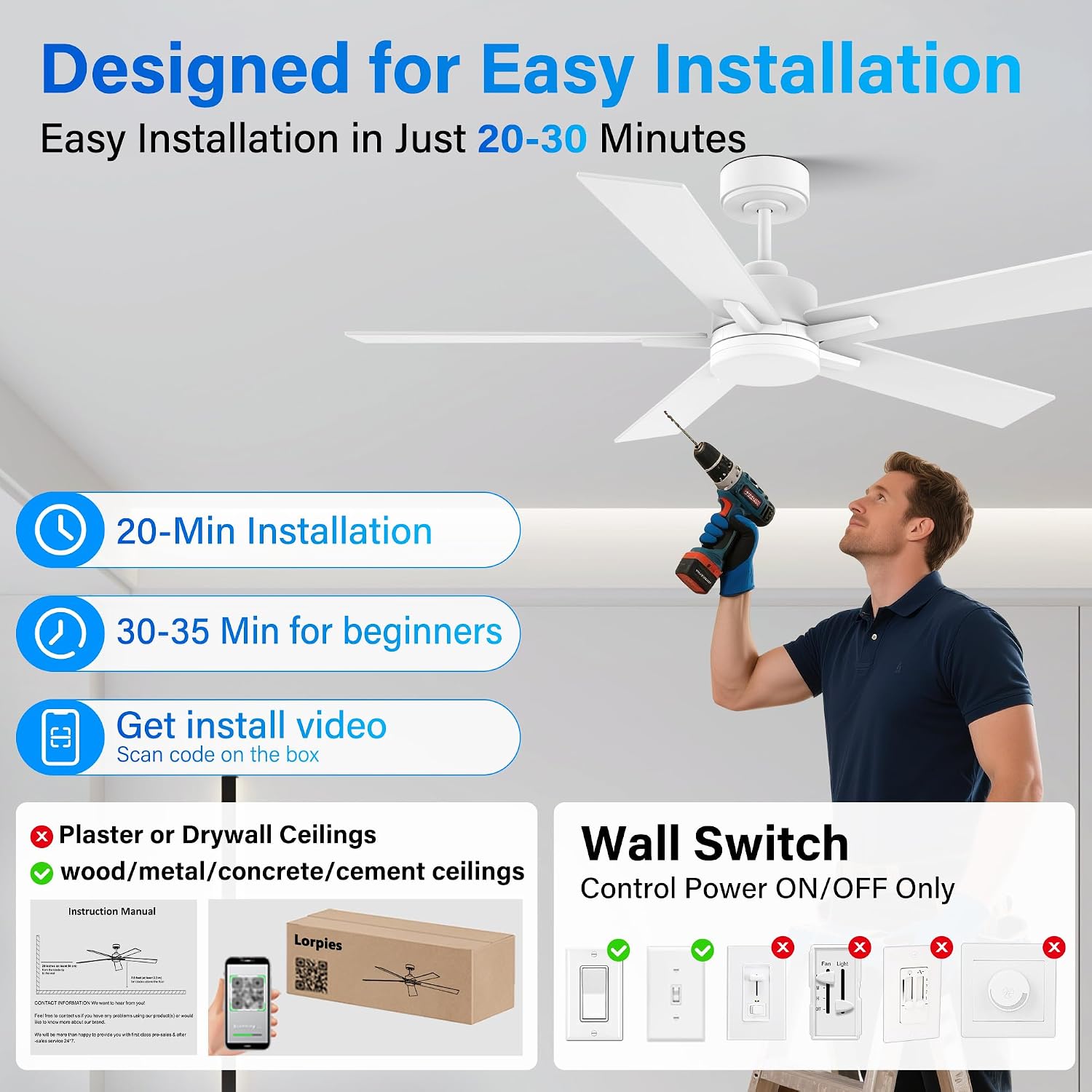 Lorpies 52' Smart Ceiling Fan with Lights Remote,Voice Control via Alexa Google WIFI App,Ultra Quiet DC Motor,Outdoor Indoor Modern Ceiling Fans,6-Speed for Bedroom Patio Porch,White and Wood Color