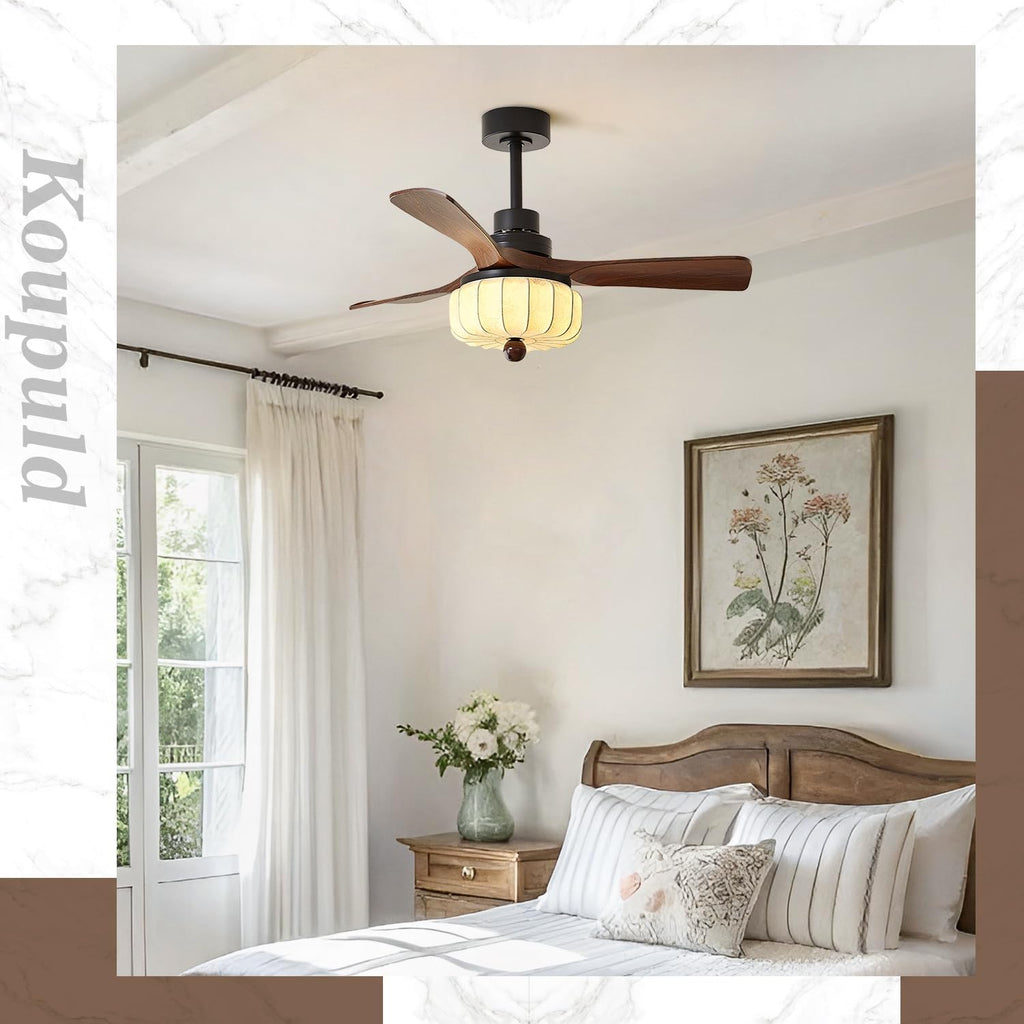 Large Japanese Silk Fabric Ceiling Light Wabi Sabi Round Ceiling Fan with Light Fandelier Ceiling Fan Light with Remote Control 6 Speed Reversible Vintage Flush Mount LED Ceiling Fans Lights