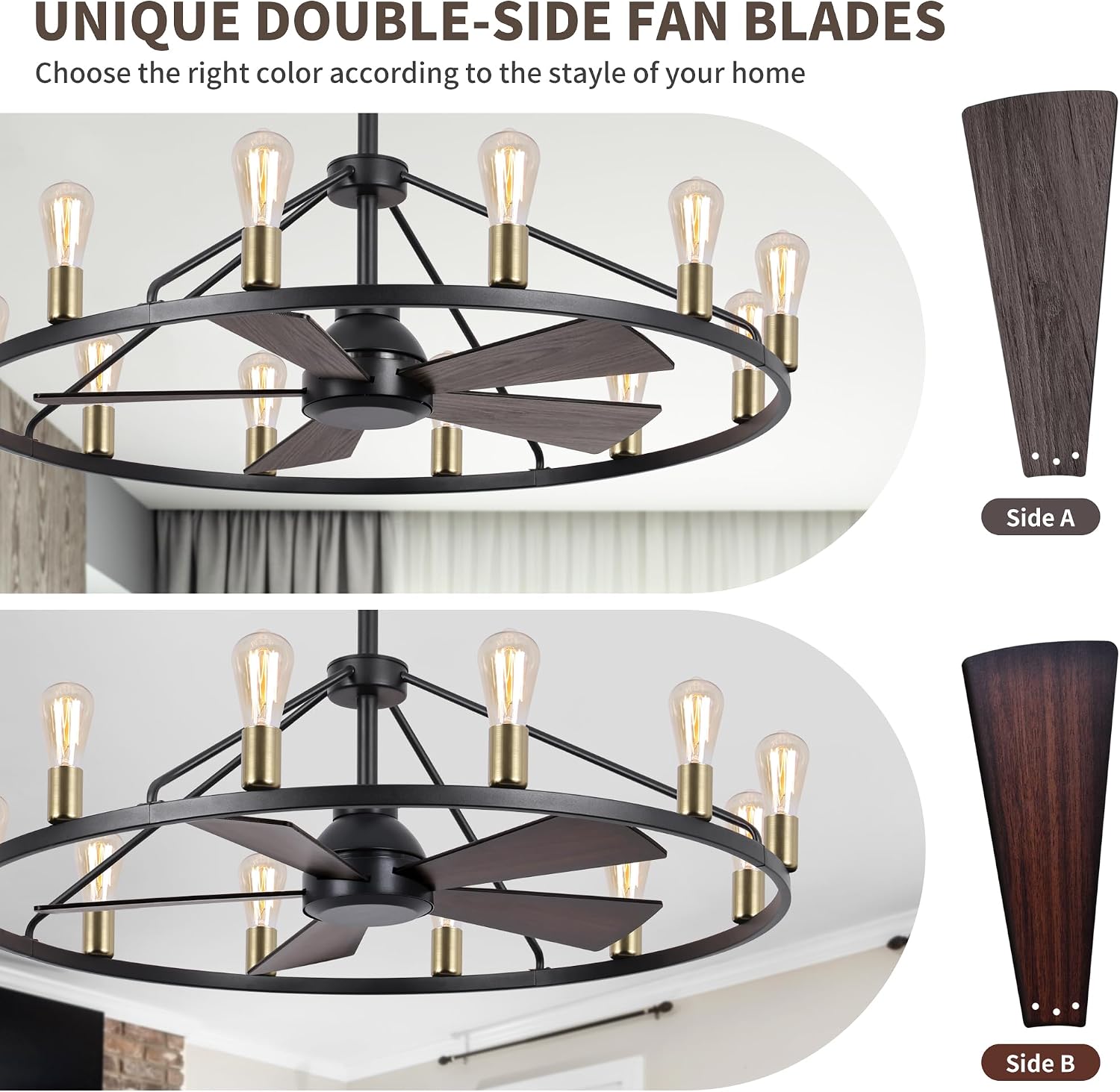 44'' Ceiling Fan with Light, Black Gold Wagon Wheel Chandelier, Large Farmhouse Fandelier Light Fixture, Chandelier for Living Room, Dining Room, Adjustable High Ceilings