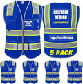 BeautyWill 5Pack Custom Logo Safety Vest 8 Pockets Class2 ANSI Certified High Visibility Reflective Vest for Men - Personalized Logo Heavy-Duty Work Vest（Blue，L）