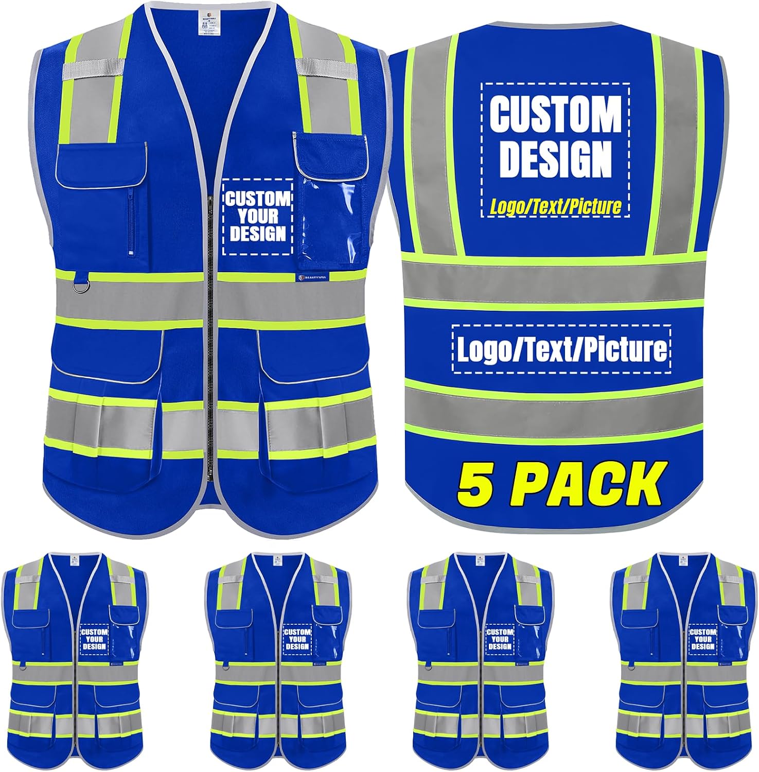 BeautyWill 5Pack Custom Logo Safety Vest 8 Pockets Class2 ANSI Certified High Visibility Reflective Vest for Men - Personalized Logo Heavy-Duty Work Vest（Blue，L）