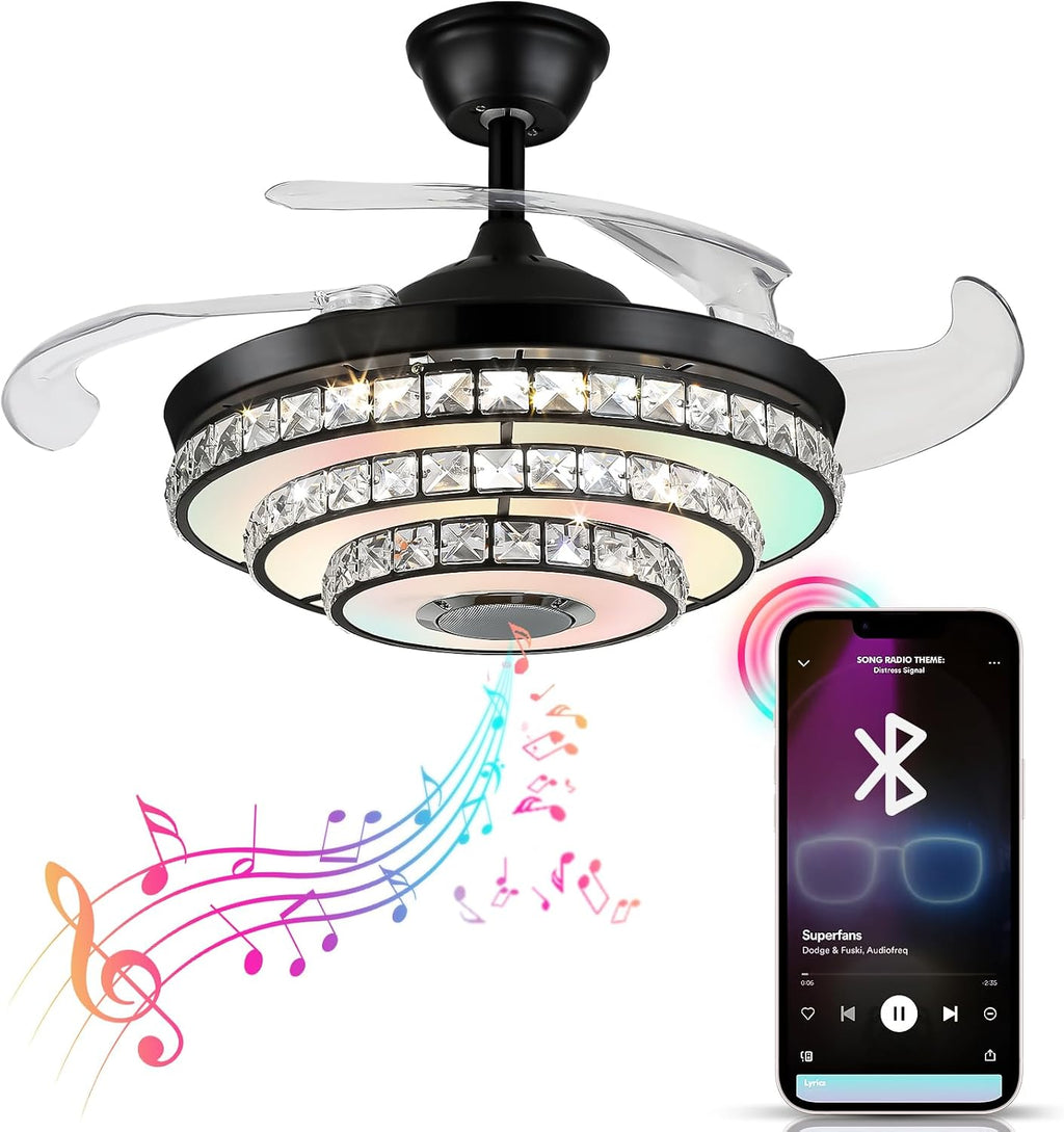 42''Black Modern Crystal Ceiling Fan with Light, 3 Speeds Changes 7 Colors Dimmable Fandelier Bluetooth Speaker Music Ceiling Fans Modern 2 Layers Crystal Light Fixture for Bedroom,Living Room