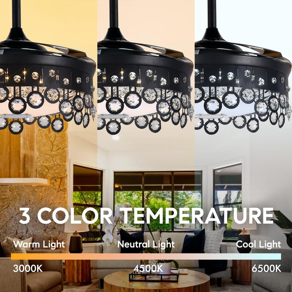 A Million Crystal Ceiling Fan with Lights Smart Bluetooth Music Player, 42 Inch LED Dimmable Remote Control Retractable Invisible Blades Indoor Ceiling Fan for Living Room Black