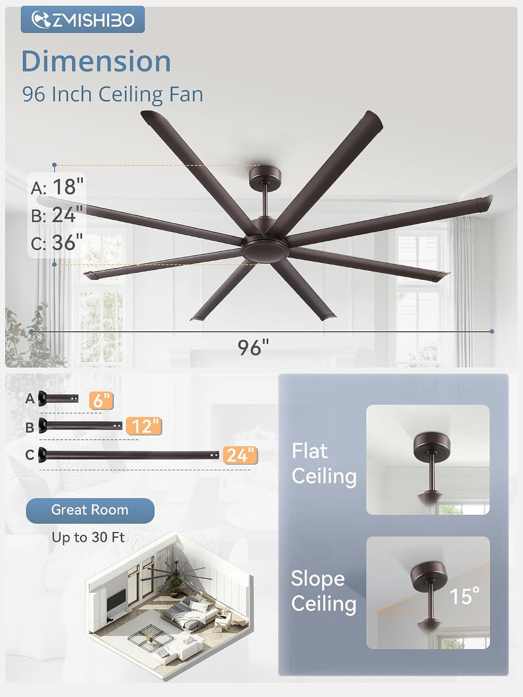 ZMISHIBO 96' Large Industrial Ceiling Fans No light with Aluminum 8 Blades, Commercial HVLS Ceiling Fan without Light,Quiet DC Motor,6 Speeds, Indoor Outdoor Ceiling Fan for Garage Shop, Oil Bronze