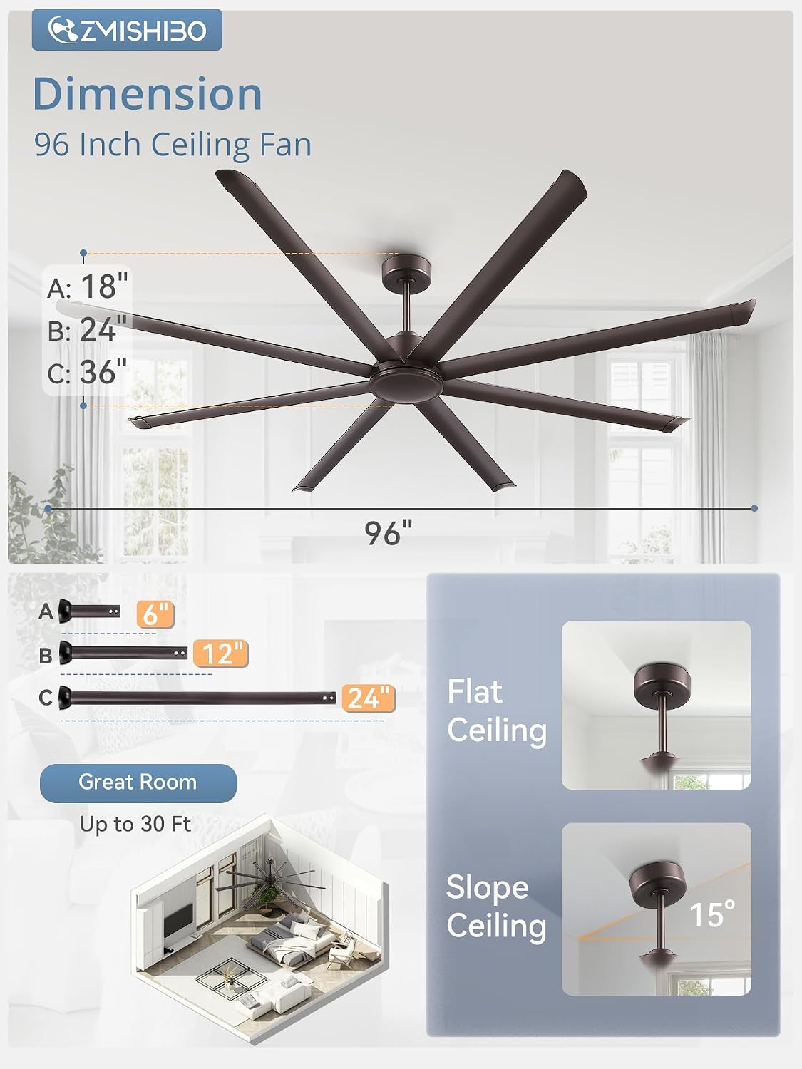 ZMISHIBO 96' Large Industrial Ceiling Fans No light with Aluminum 8 Blades, Commercial HVLS Ceiling Fan without Light,Quiet DC Motor,6 Speeds, Indoor Outdoor Ceiling Fan for Garage Shop, Oil Bronze