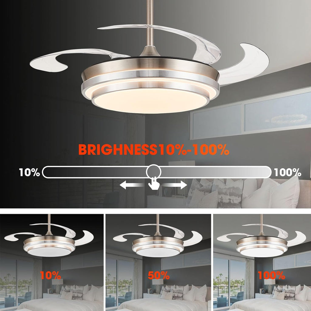 48 Inch Retractable Ceiling Fans with Lights, Modern Fandelier Ceiling Fan with Remote and App Control, 3 Color Dimmable, 6 Speeds Reversible, for Bedroom/Living Room/Office (Brushed Nickel)