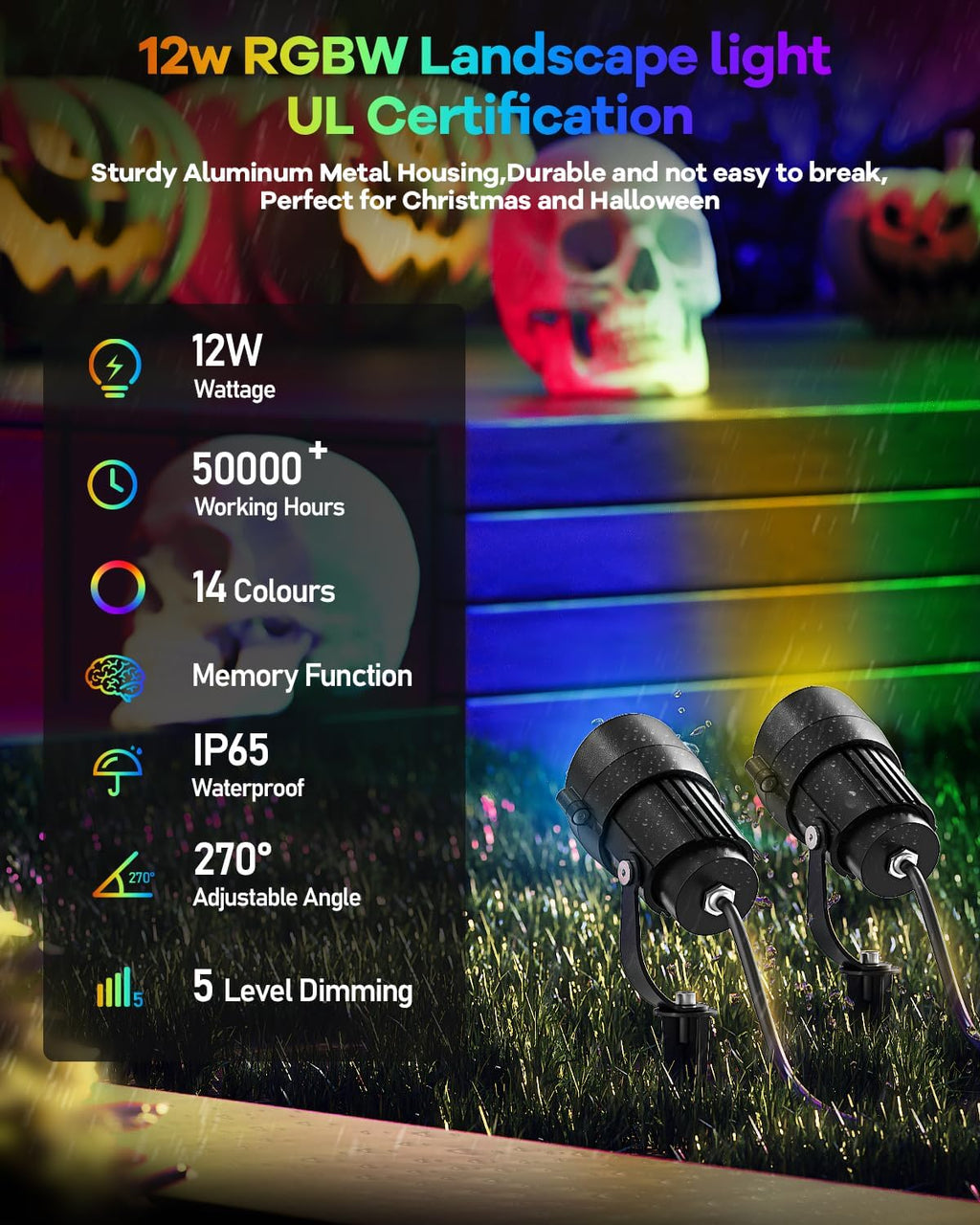 HIBOITEC RGBWW Low Voltage Landscape Lighting 24Pack 12W with Remote Connectors Spotlights Landscape Lights 12-24V AC/DC Waterproof for House Yard Trees Outdoor Christmas(Transformers NOT Included)