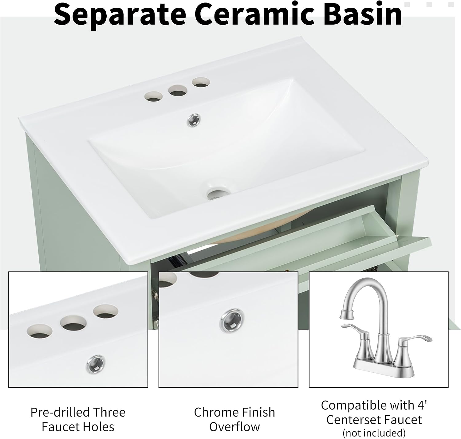 24' Bathroom Vanities Sink Set, Storage Cabinet with Multi-Functional Tip-Out Drawer and Adjustable Shelf, Soft-Closing Door, Solid Wood Legs, Green