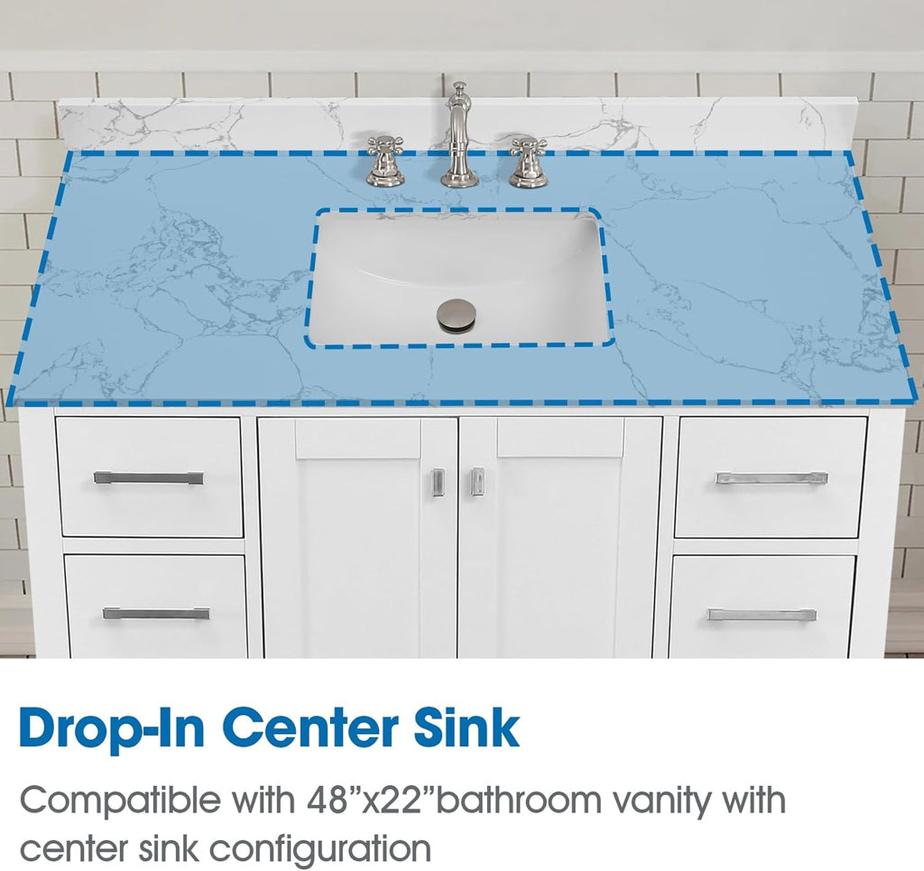 48 Inch Engineered Stone Bathroom Vanity Sink Top, with Undermount Rectangular Middle Sink, Vanity Countertop with 8 inch Faucet Hole Spacing and Backsplash in Lightning White