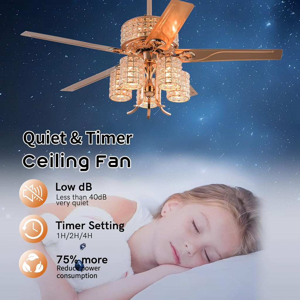 Fandelier Ceiling Fan with Light,52 inch Crystal Chandelier Fan,Remote Control,6-Speeds, Quiet Reversible DC Motor,Luxury Rose Gold Ceiling Fan for Indoor Living Room Dining Room E26