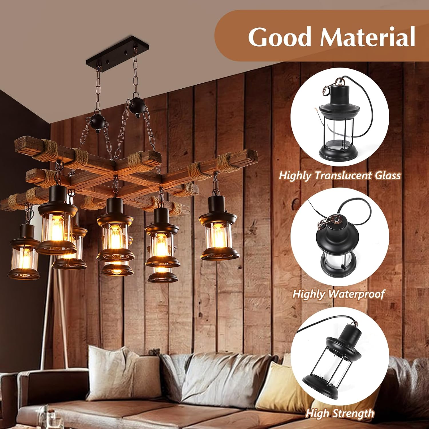 8-Head Industrial Wooden Chandeliers, Vintage Wooden Chandeliers, Durable Vintage Lamps, Retro Ceiling Light, Farmhouse Chandelier Hanging, for Pool Table Kitchen Bar