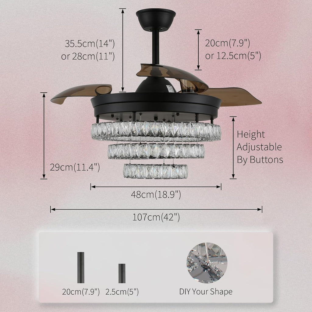 42' Black Fandeliers with Lights Dimmable LED Crystal Ceiling Fan Individual 3 LED Color Change with Timi Memory Function