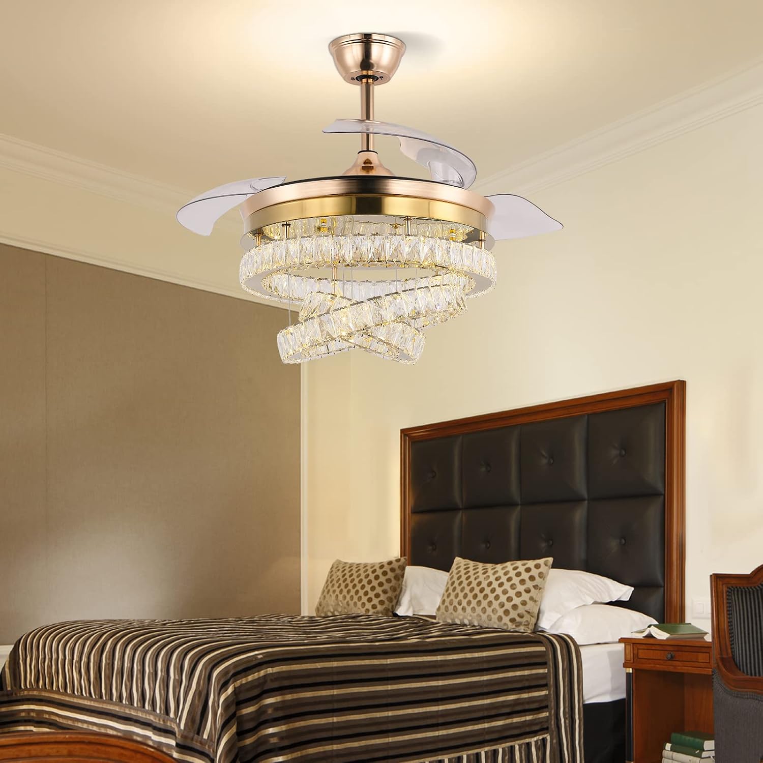 42' Gold LED Fandeliers with Lights Dimmable Crystal Ceiling Fan with Lights Individual 3 LED Color Change with Timi Memory Function