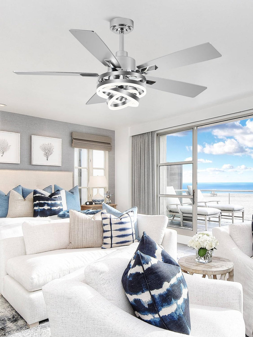 52' Ceiling Fan with Lights and Remote Contro Modern Chandelier Ceiling Fan with Lights 6 Speed 3 Timing for Bedroom Living Room Kitchen（Chrome）