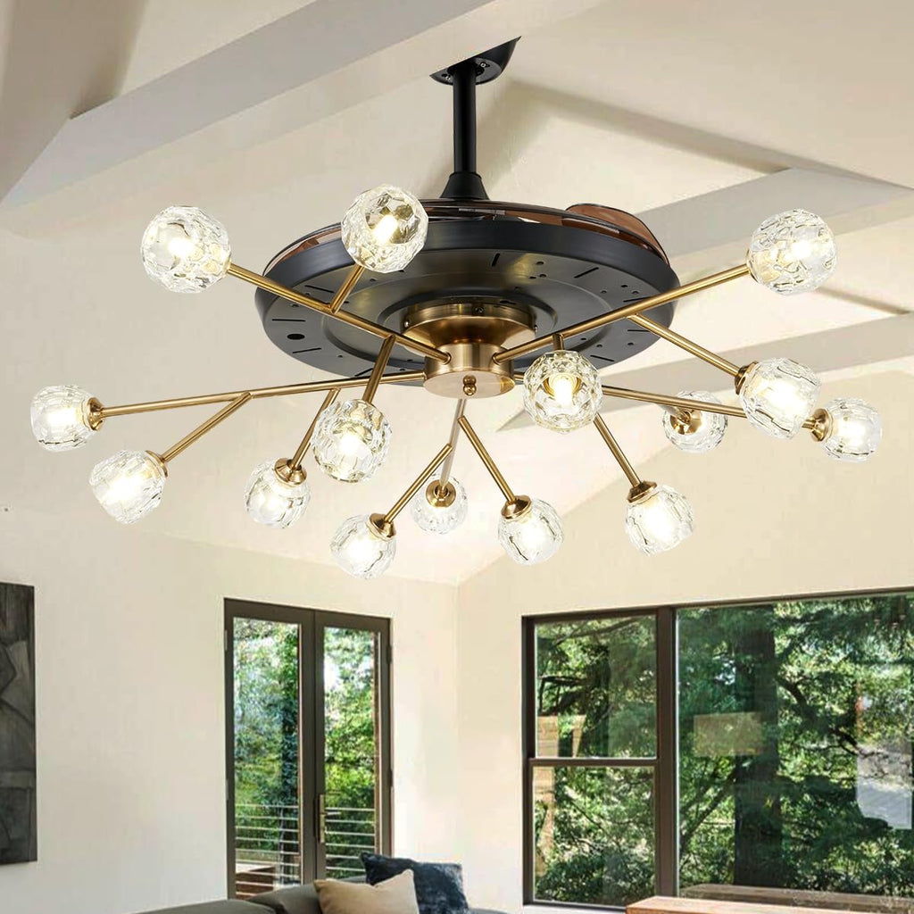 42' Modern Sputnik Fandelier Ceiling Fan with Light, 15-Light Brass Crystal Chandelier Fan with Remote Control Retractable 6 Speed Reversible Motor for Bedroom Living Dining Room