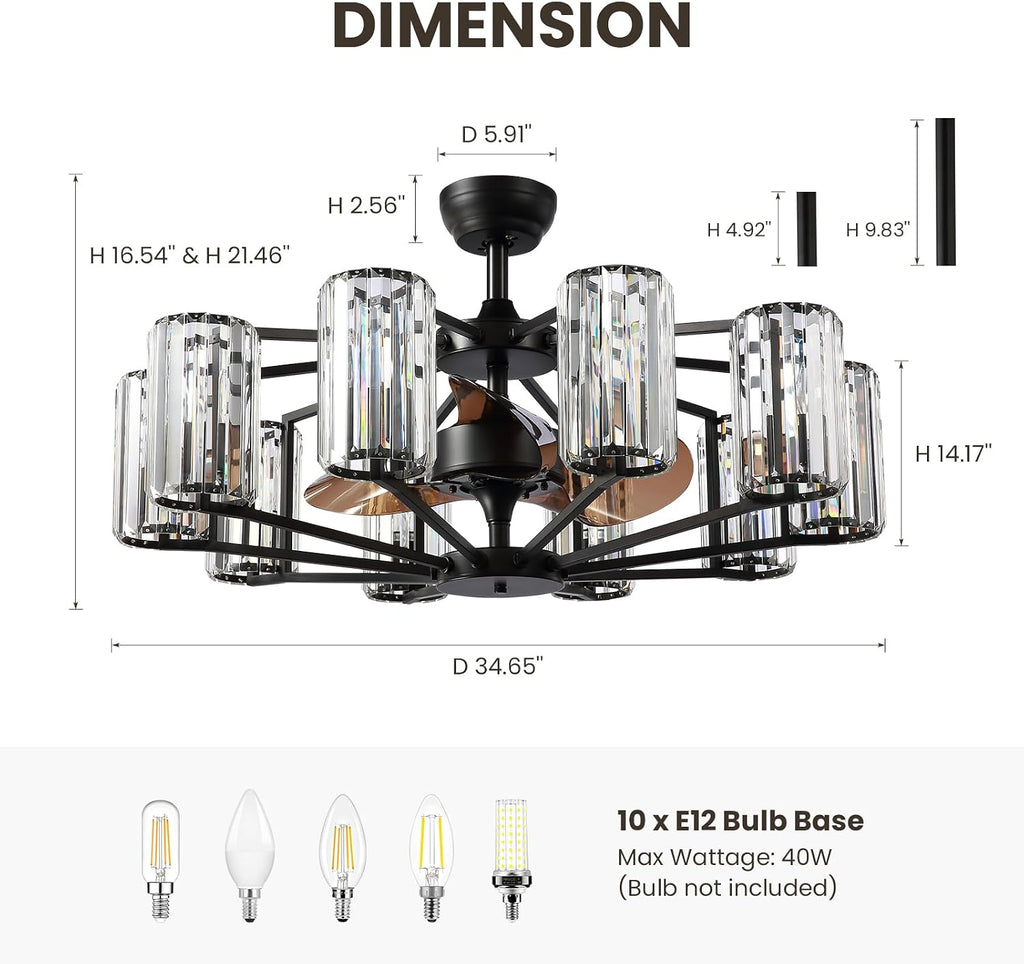 Large Crystal Caged Ceiling Fan with Light 10 Lights Vintage Black Crystal Chandelier Fan 34' Flush Mounted Ceiling Fan Light Fixture for Living Room Dining Room Hotel Foyer