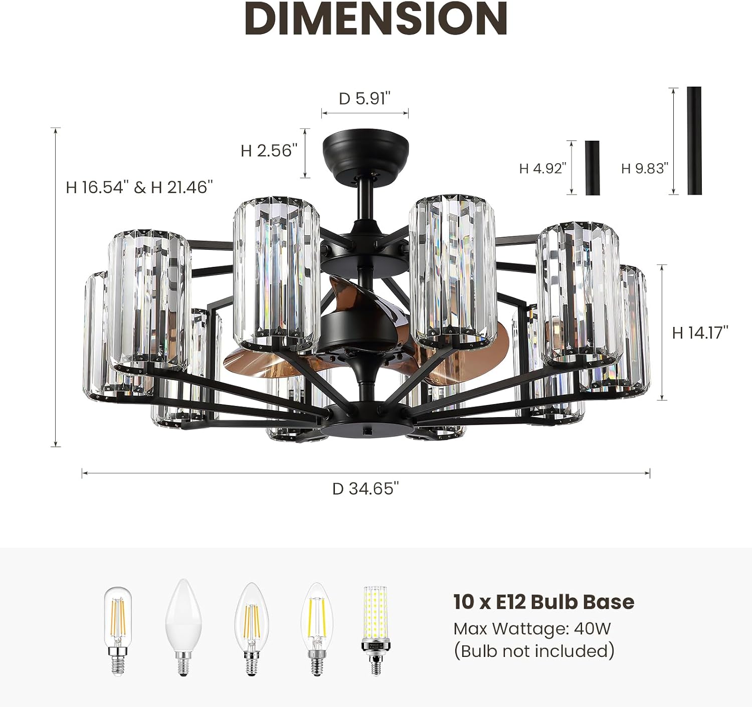 Large Crystal Caged Ceiling Fan with Light 10 Lights Vintage Black Crystal Chandelier Fan 34' Flush Mounted Ceiling Fan Light Fixture for Living Room Dining Room Hotel Foyer