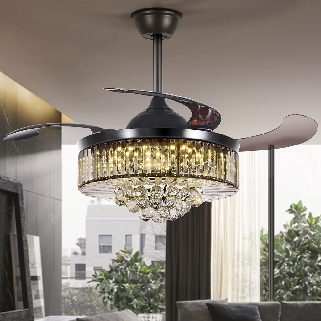 42' Modern Black Luxury Crystal Ceiling Fan with Light 3 Color 3 Speed Chandelier Fan with Remote Control Retractable Blades Fandelier for Living Room Bedroom