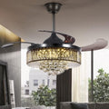 42' Modern Black Luxury Crystal Ceiling Fan with Light 3 Color 3 Speed Chandelier Fan with Remote Control Retractable Blades Fandelier for Living Room Bedroom