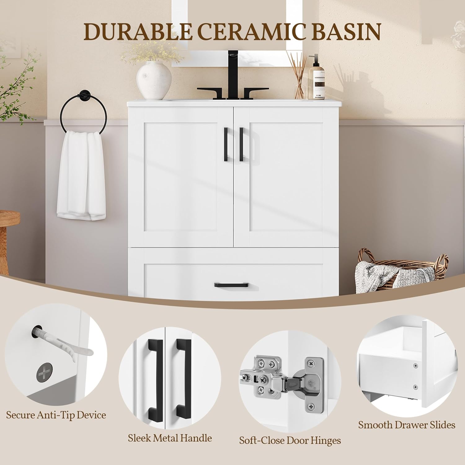 Yaheetech 30' Bathroom Vanity with Ceramic Basin, Freestanding Bathroom Storage Cabinet with 2 Soft-Close Door and 1 Tip-Out Drawer, Undermount Vanity Sink Cabinet, Easy-to-Clean, White