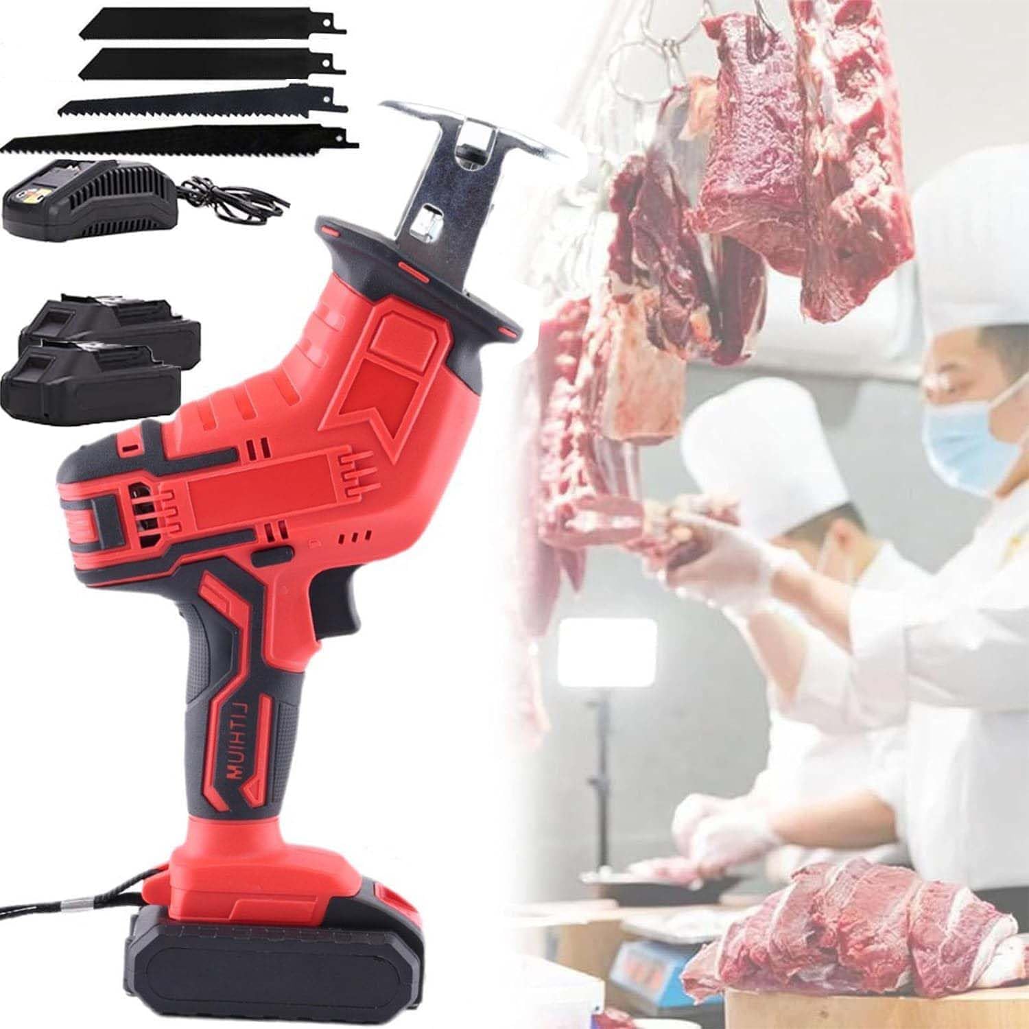 Portable Reciprocating Saw, Electric Bone Cutting Machine, Selt-locking, LED Lighting, With 4 Saw Teeth, 1/2 Batteries,0-3000rpm Variable Speed, for Cutting Meat/Bones,2-Battery