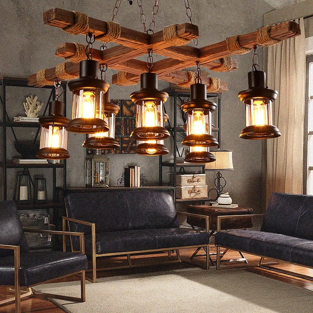 Wooden Hanging Lighting, 8 Lights Metal Chandelier, Industrial Kitchen Island Pendant Lamp, Farmhouse Vintage Pendant Lamp, Retro Ceiling Light, Glass Lampshade, Adjustable Chain (without bulb)