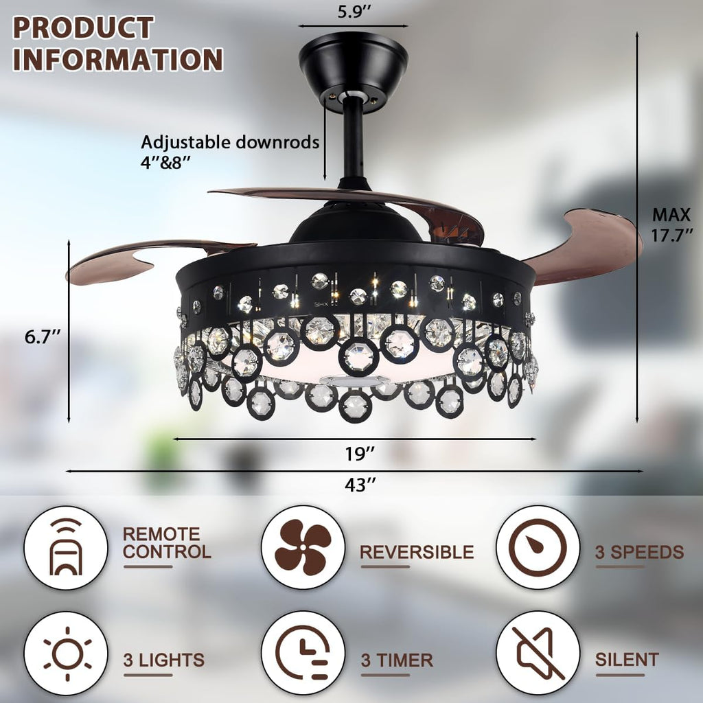 42 Inch Retractable Fandelier Ceiling Fan with Light Bluetooth Speaker, Modern Crystal Chandelier Fan with Remote 7 Color Change Black Smart Invisible Fan Light for Bedrooms Living Room