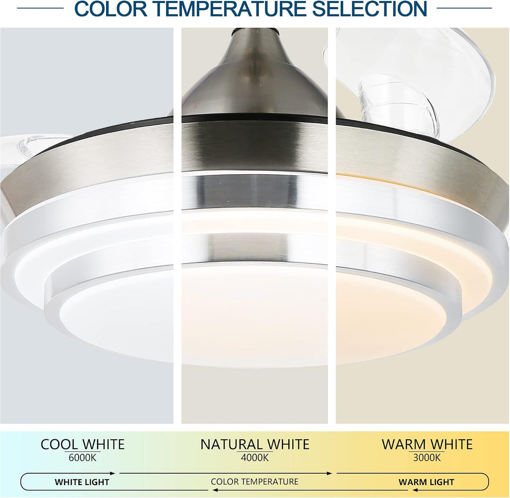 Dawn Whisper 42' Modern Retractable Ceiling Fan with Dimmable LED Light and Remote Control for Living Room Bedroom Restaurant, Silver Brushed Nickel