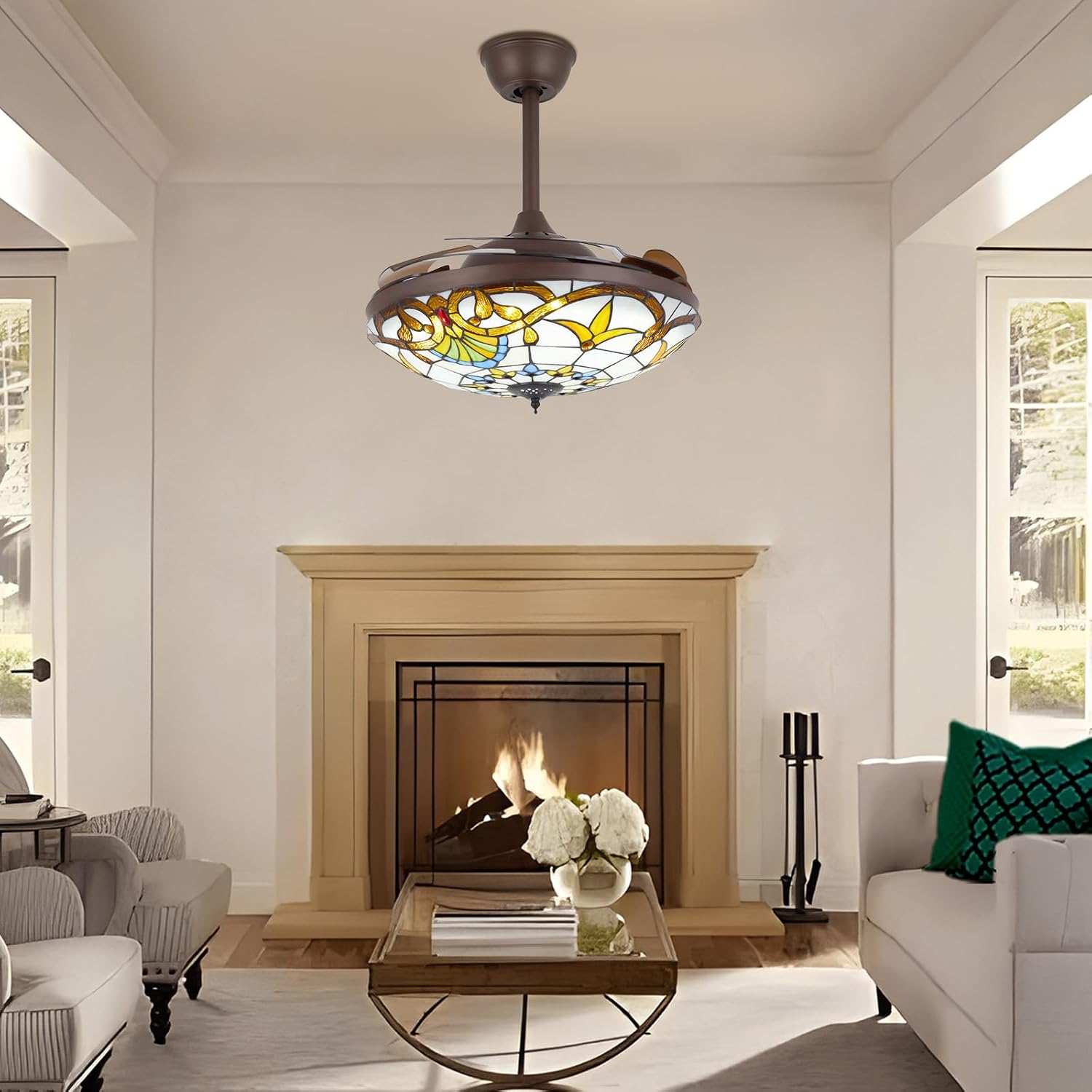 42'' Tiffany Ceiling Fan with Lights, Stained Glass Vintage Ceiling Fan Chandelier, 6 Speed Quiet Indoor Lighting Fixture Retractable Blades with Remote for Bedroom Living Room Hotel