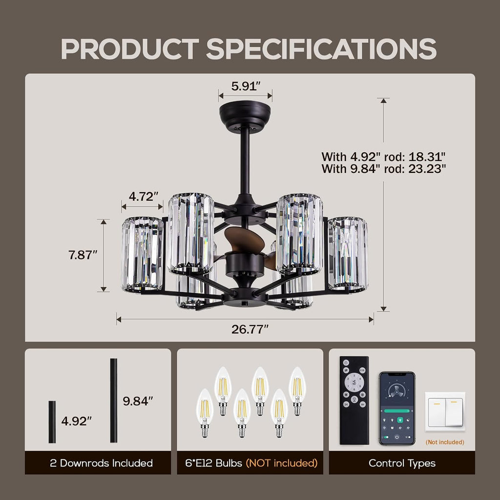 MOOONICHECHE 27' Crystal Ceiling Fan with Light and Remote Control 6-Light Black Vintage Crystal Caged Fandelier Luxury Large Chandelier Ceiling Fan for Dining Living Room Kitchen Bedroom