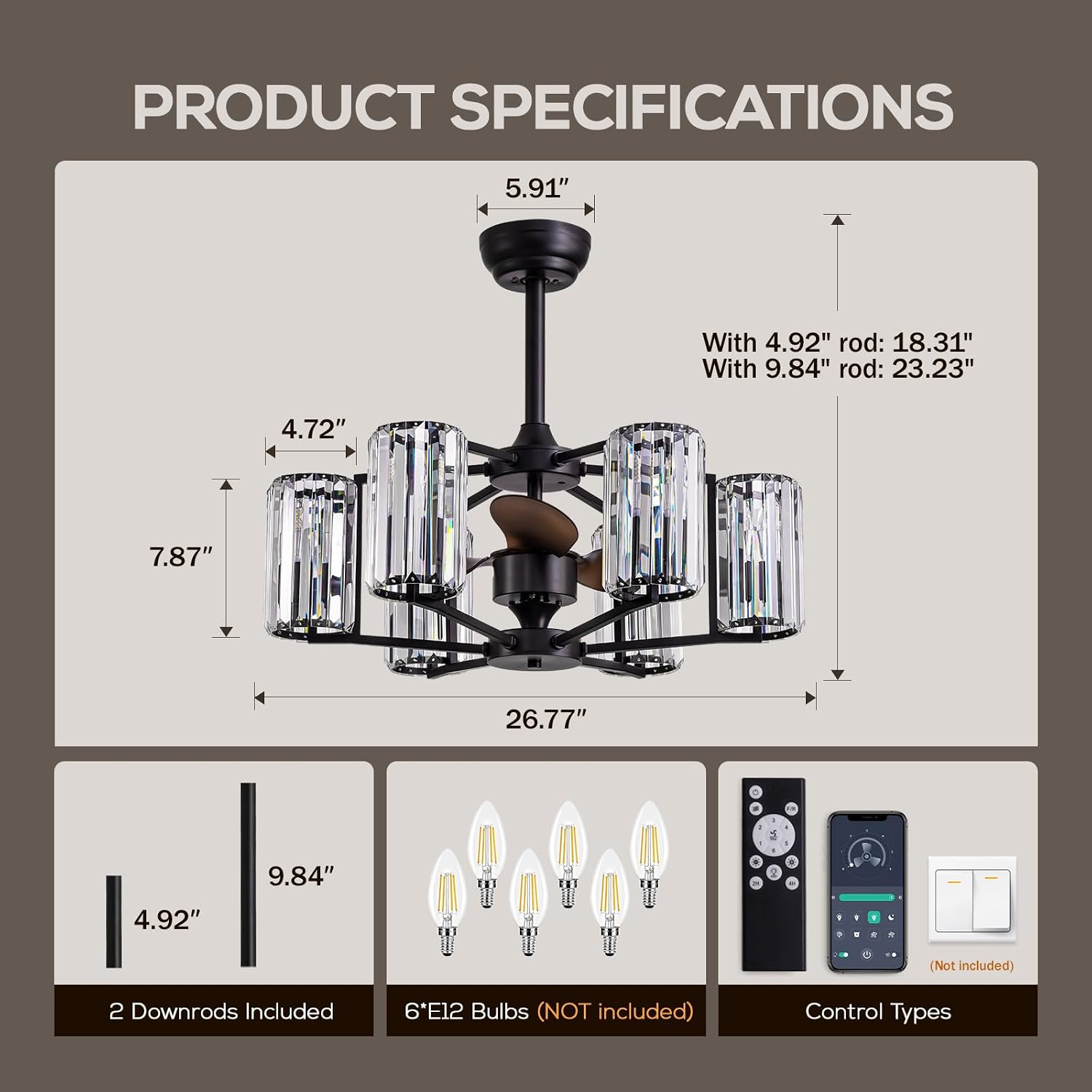 MOOONICHECHE 27' Crystal Ceiling Fan with Light and Remote Control 6-Light Black Vintage Crystal Caged Fandelier Luxury Large Chandelier Ceiling Fan for Dining Living Room Kitchen Bedroom