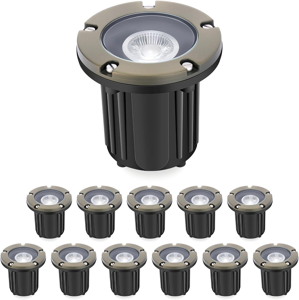 Gardencoin Brass Low Voltage Landscape Well Lights (5' Cover, 5.5' Tall), 12V LED Wired In-Ground Outdoor Up Lighting Fixture Waterproof, Adjustable Beam Direction Base, Without MR16 Bulb (12 Pack)