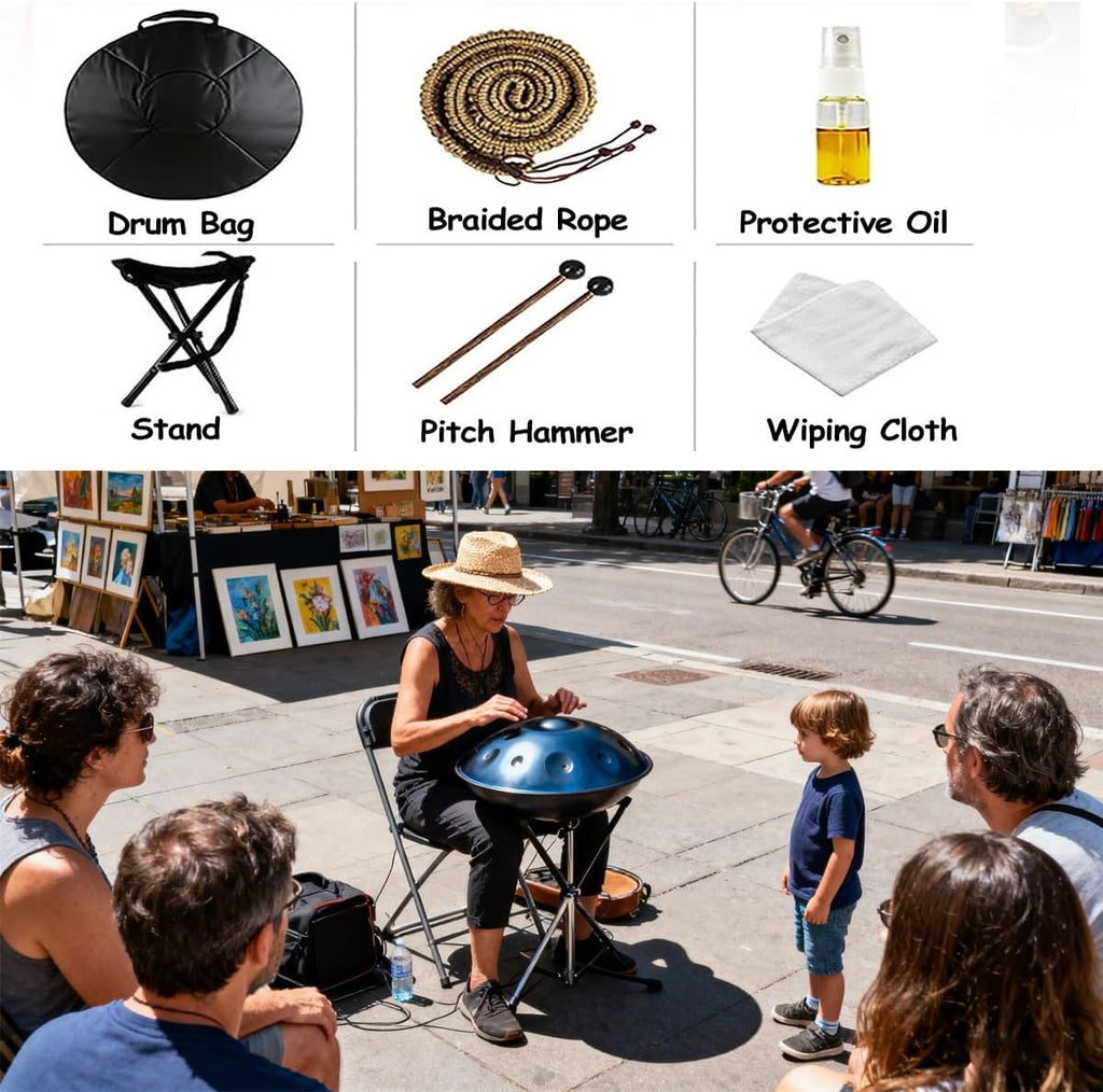 Handpan Drums In D Minor, 440hz 22inches Hand Drum Set With Backpack, Courses, Stand, Cleaning Cloth, And Two Mallets Percussion Instruments Tunable(Gold,9)