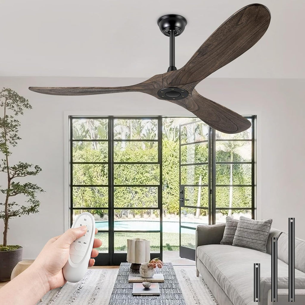72' Ceiling Fans Without Lights, Solid Wood Ceiling Fan with Remote Control and Quiet DC Motor, Ceiling Fan no Light 3 Blades, Indoor Outdoor Fans for Patios, Bedroom- Deep Brown