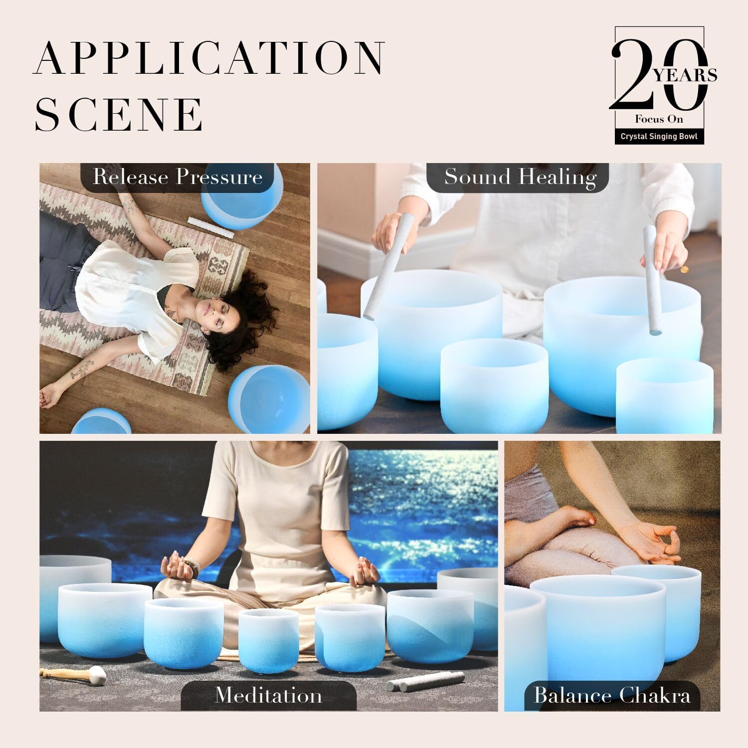 CVNC 432HZ 6-12 Inch Azure Blue Color Aria Gradient Design Frosted Quartz Crystal Singing Bowls Chakra Set of 7 with Carry Case Bags for Sound Healing and Meditation