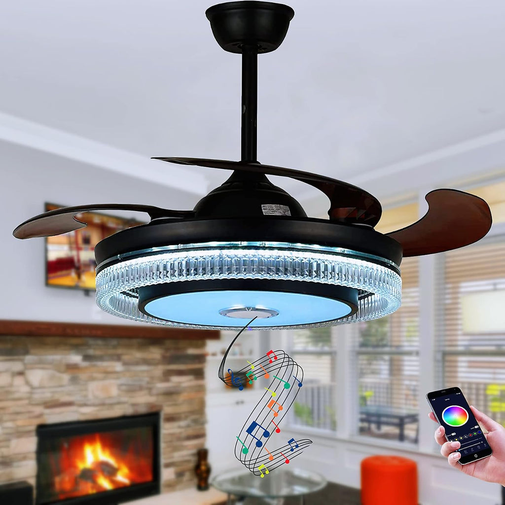 FANPERO 42' Smart Ceiling Fan with Lights Remote Control, Black Crystal Fandelier with Bluetooth Speaker, 7 Color Dimmable Retractable LED Chandelier Fans with Reversible Silent Motor, 6 Speeds