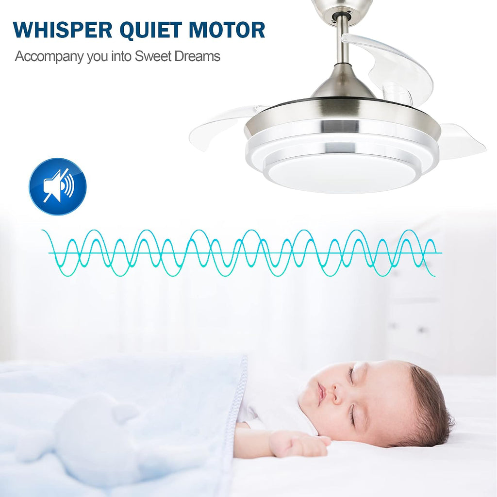 Dawn Whisper 42' Modern Retractable Ceiling Fan with Dimmable LED Light and Remote Control for Living Room Bedroom Restaurant, Silver Brushed Nickel